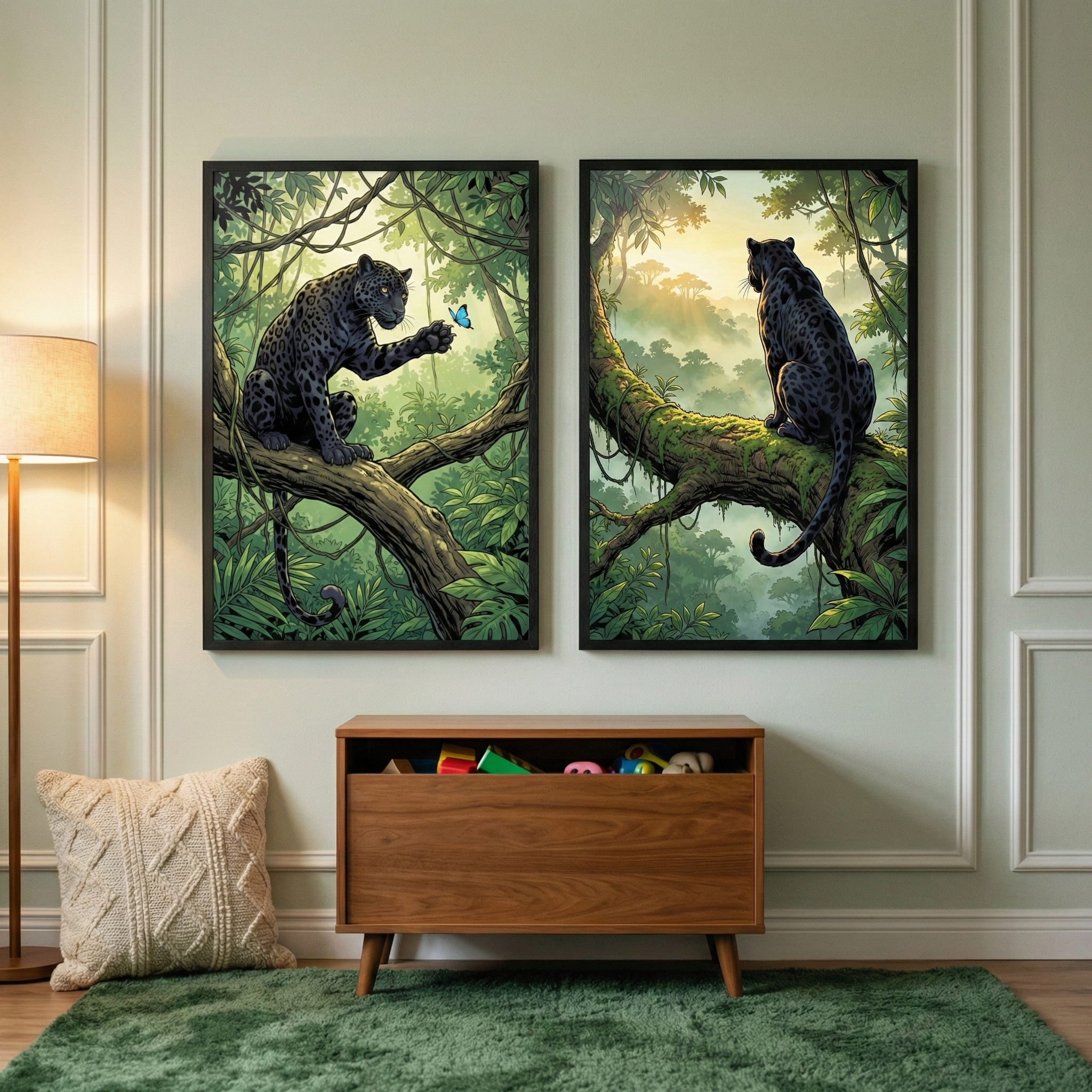 Two large framed artworks hang on a pale wall in a stylish room. The illustrations show a sleek black panther in a lush jungle. In one piece, the panther gazes at a blue butterfly from a mossy branch. In the second, it looks out over a misty forest at dawn. Below, a wooden toy chest sits on a green shaggy rug. To the left, a textured cream pillow and a floor lamp complete the cozy scene.