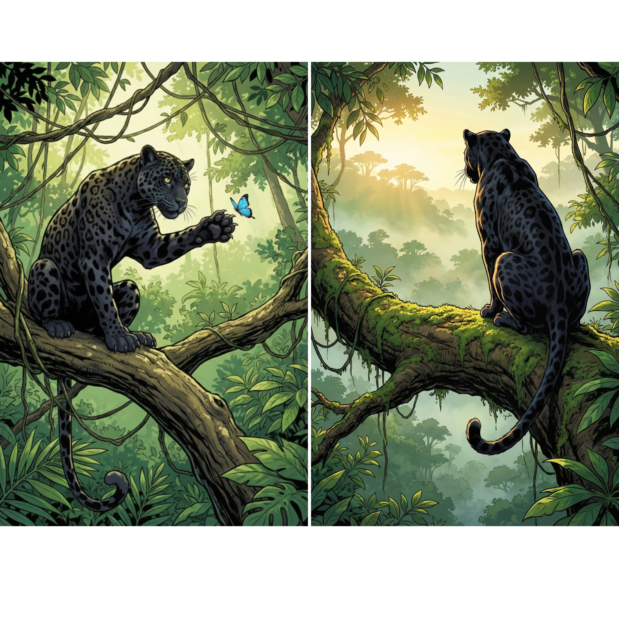 A captivating jungle wall art diptych featuring a sleek black panther perched high among lush rainforest branches. One panel shows the panther gently reaching toward a bright blue butterfly while surrounded by layered green leaves and twisting vines, and the other captures it sitting on a moss covered limb overlooking a misty treetop canopy at golden sunrise. 