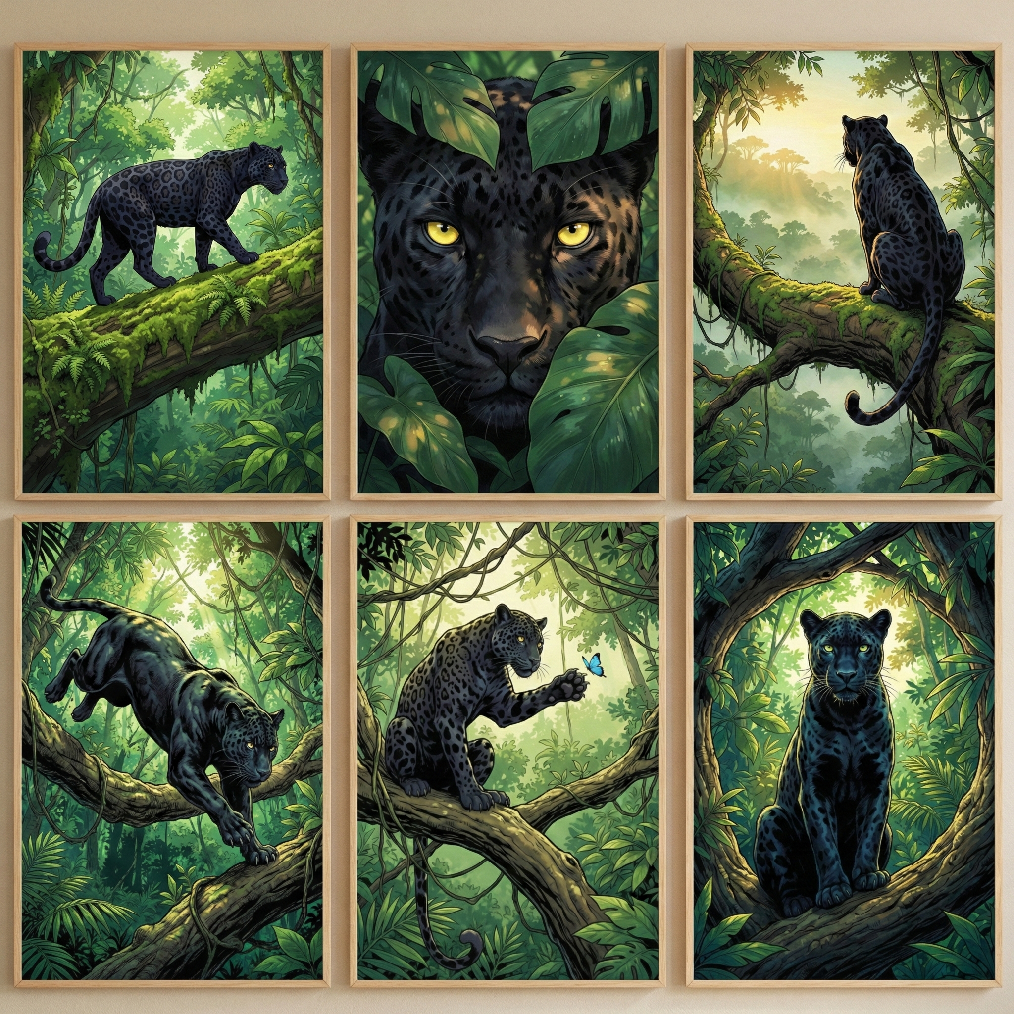 A set of six framed illustrations featuring black panthers in a dense jungle. The artworks show the panthers in different scenes: one walking on a mossy branch, a close-up of a face with yellow eyes behind leaves, one gazing at a sunrise over a valley, another climbing down a tree, one reaching for a blue butterfly, and one sitting within a natural tree arch. The style is detailed and naturalistic, with vibrant greens and soft lighting.