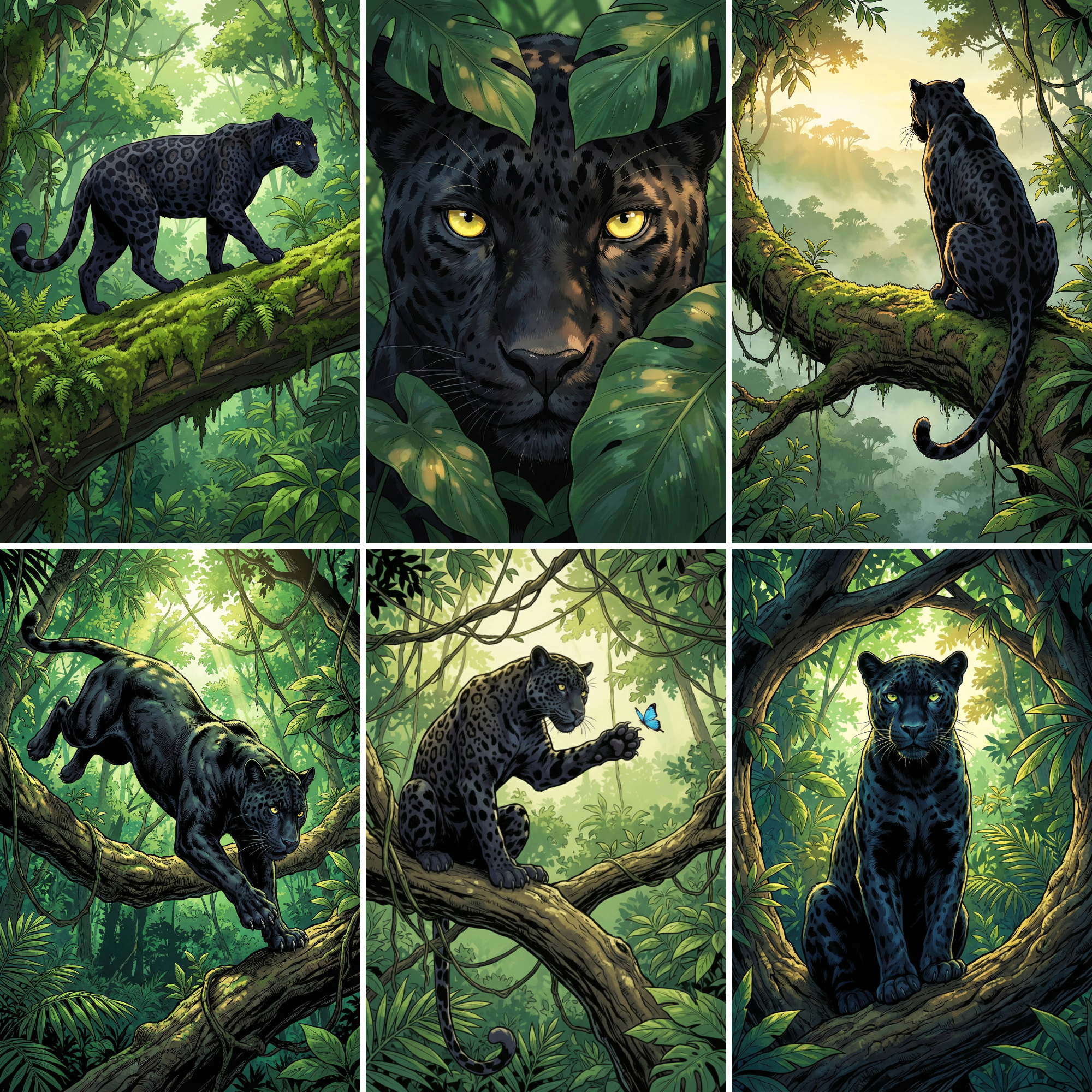 A captivating jungle wall art collection featuring a sleek black panther moving gracefully through lush rainforest scenery. The set includes dramatic moments of the panther prowling along moss covered branches, an intense close up of its golden eyes framed by tropical leaves, a quiet perch overlooking a misty green canopy at sunrise, and a playful interaction with a small blue butterfly. 