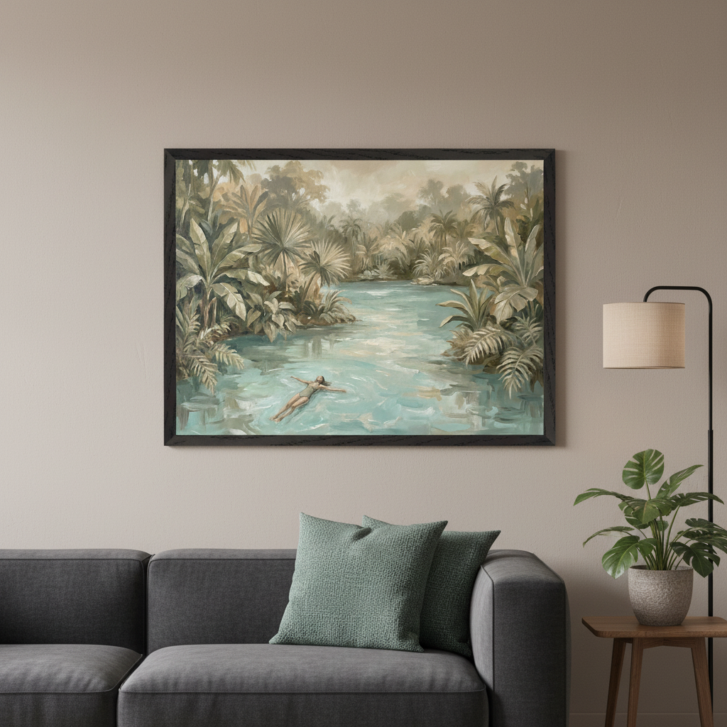 Modern living room with a gray sofa. A large framed painterly artwork of a person floating in a blue river surrounded by tropical foliage hangs centered above the sofa.