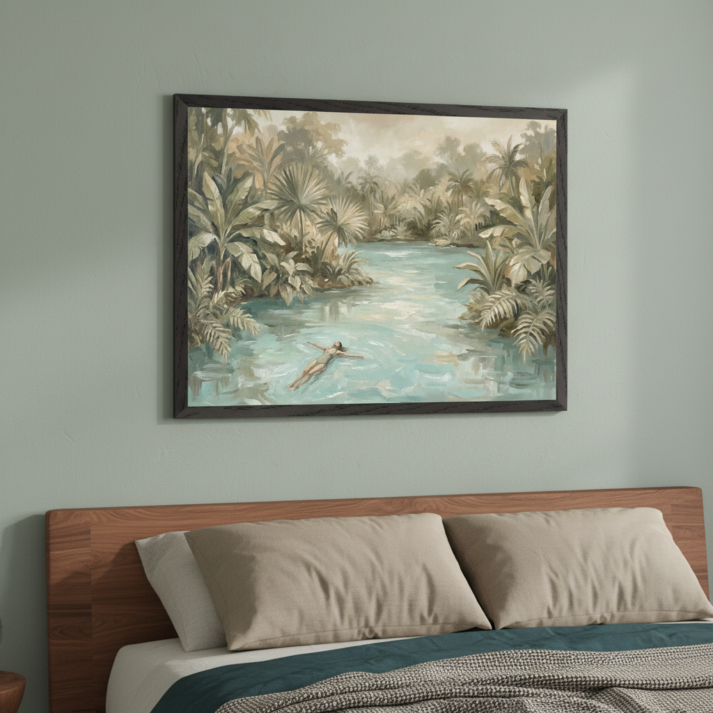 Modern bedroom with a wooden bed, beige pillows, and a teal blanket. A large framed painting of a tropical river landscape with a person floating, in a painterly style with muted green and teal tones, hangs above the headboard on a light green wall.