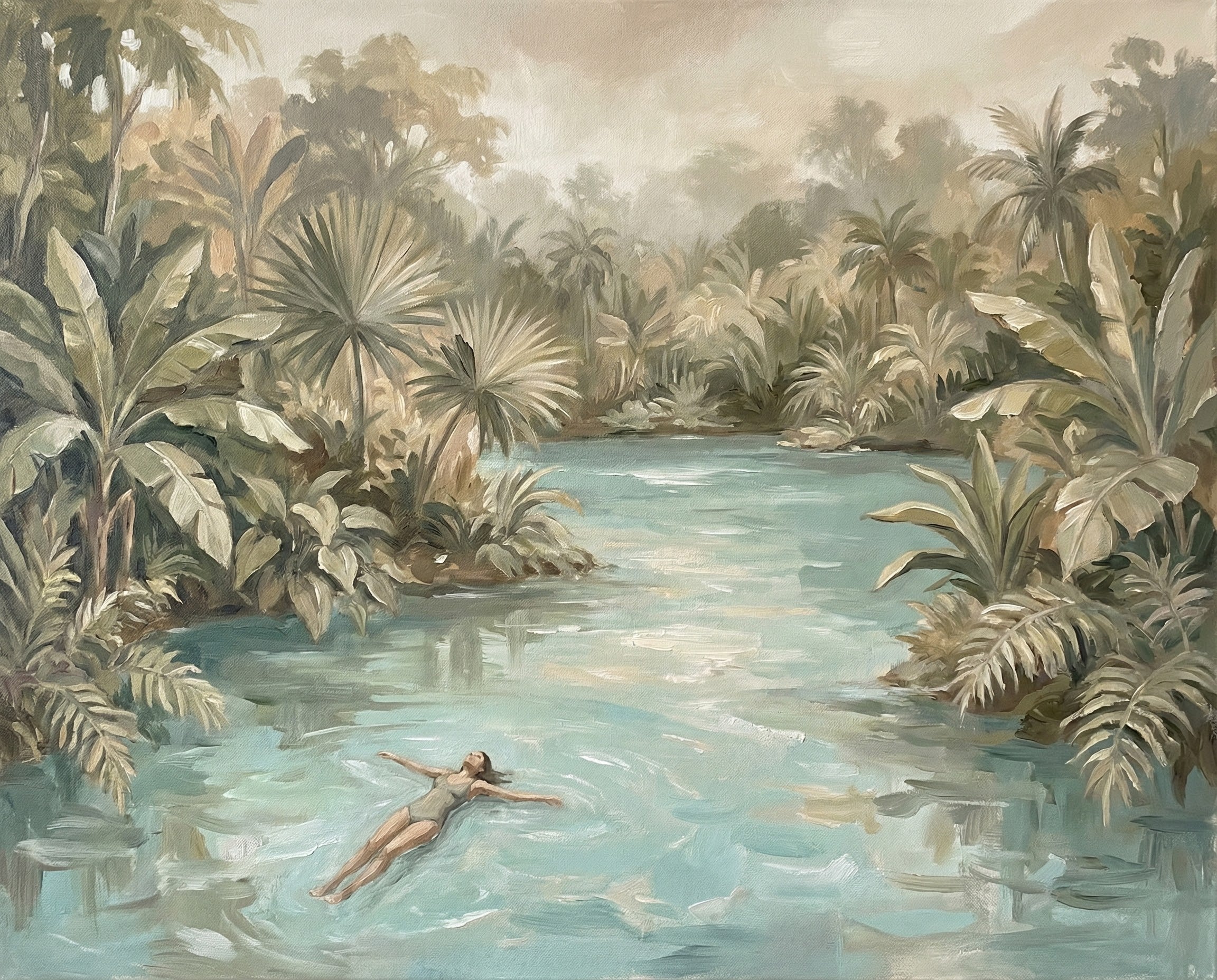 A serene painting of a woman peacefully floating on her back in a wide turquoise river surrounded by lush tropical plants and misty jungle atmosphere conveying relaxation and natural beauty for tranquil home decor.
