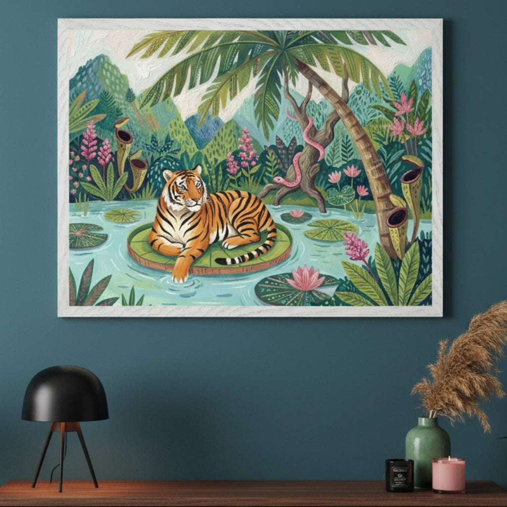 Modern room with a dark teal wall. A large framed painting hangs above a dark wooden table. The artwork features a stylized tiger resting on a lily pad in a pond, surrounded by jungle foliage, pink flowers, pitcher plants, mountains, and a pink snake on a tree.