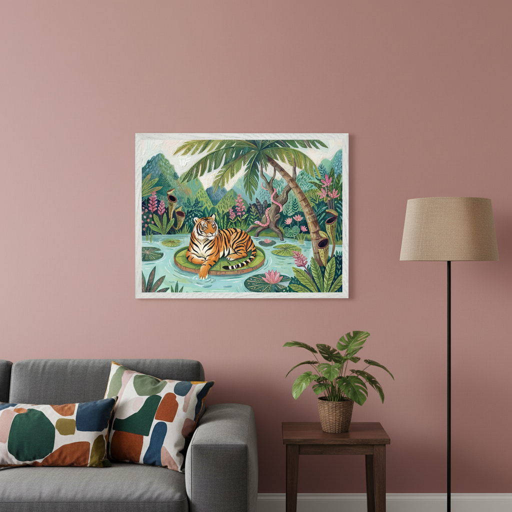 Living room with a gray sofa and wooden side table. A framed painting of a tiger on a lily pad in a jungle pond, surrounded by lush plants and a pink snake, hangs on a dusty rose wall above the sofa.