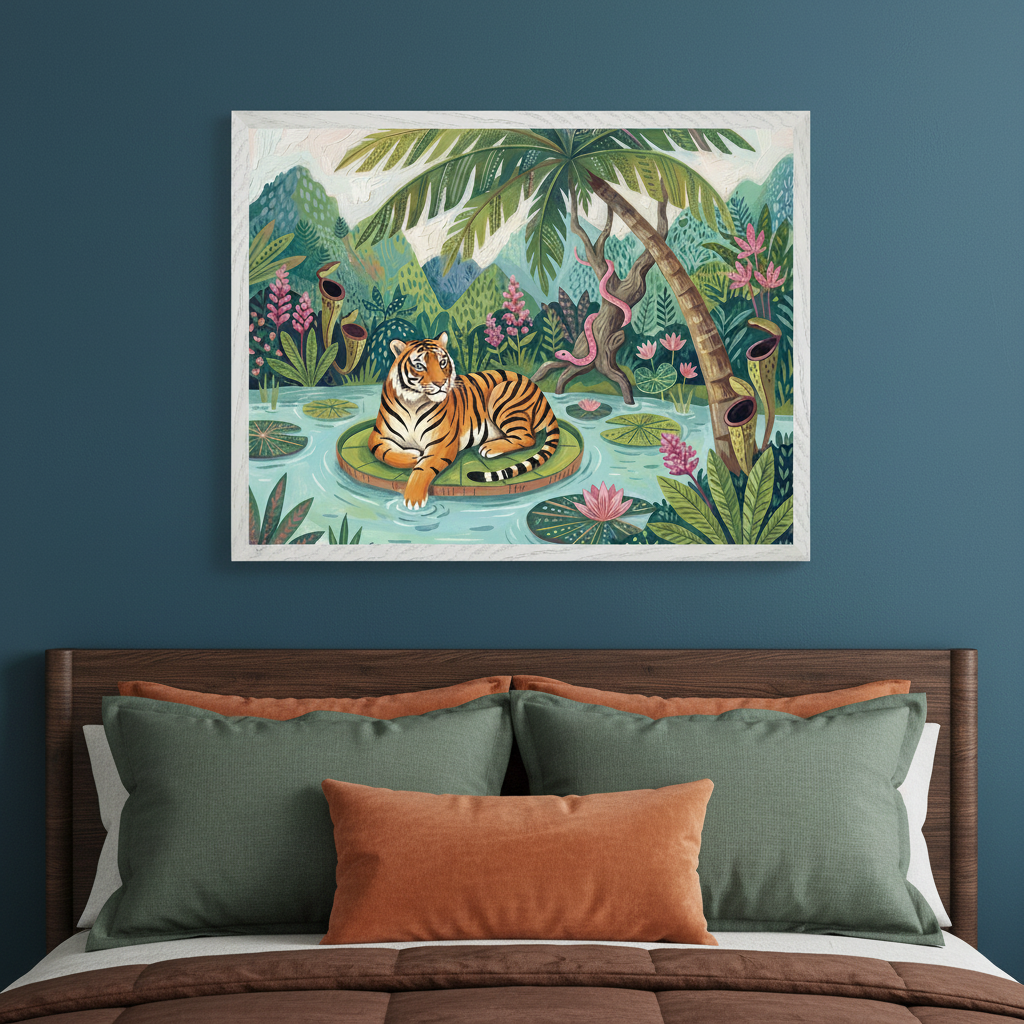 Bedroom with a dark wood headboard and bed featuring green and orange pillows. A large framed painting of a stylized tiger on a lily pad in a vibrant green pond with a palm tree, mountains, and pink flowers hangs centered above the bed.
