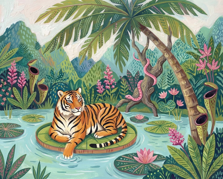 Vibrant and playful illustration of a tiger lounging on a giant lily pad in a lush jungle pond, surrounded by colorful plants, palm trees, pink flowers, and a snake curled on a tree, perfect for bold and imaginative wall décor.
