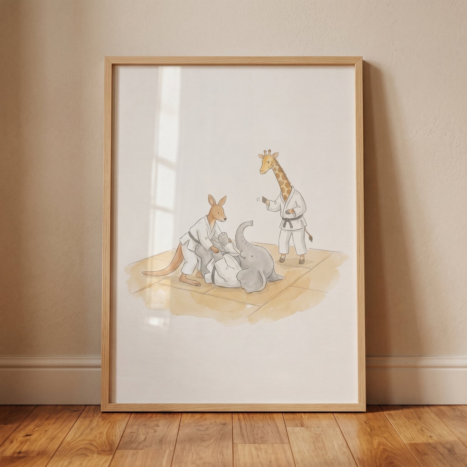 Karate animals wall art featuring a kangaroo, elephant, and giraffe practicing martial arts, framed on a wooden floor.