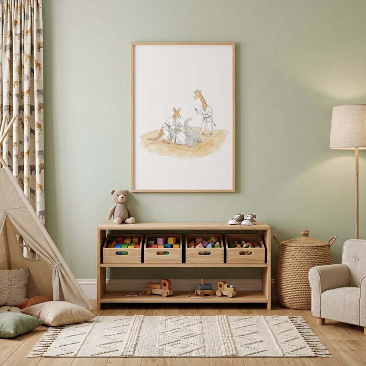 A sage green nursery featuring a teepee, wooden toy shelf, and karate animals wall art above it.