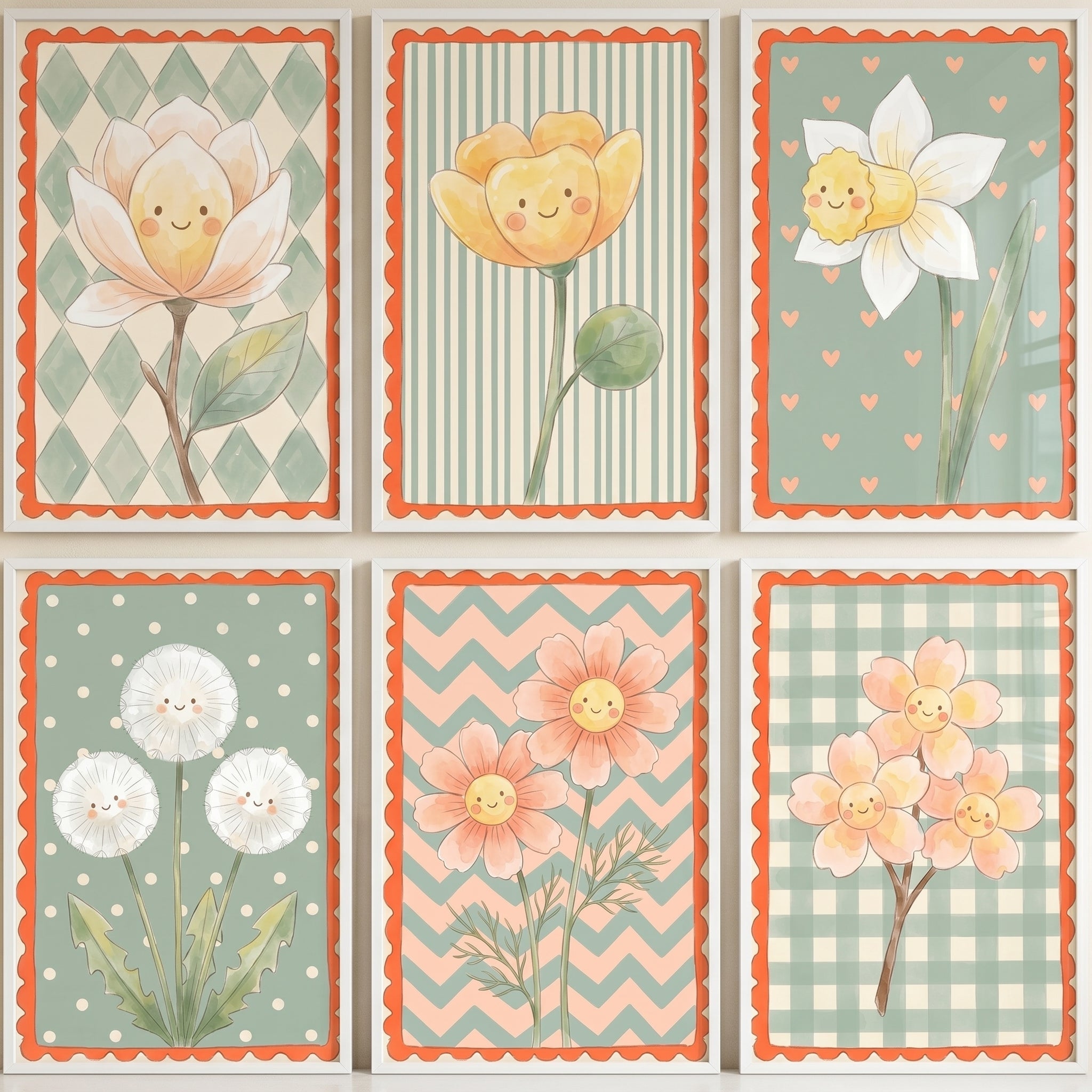 Kawaii Garden Smiling Flower Wall Art Set of 6 - Smiling Bloom Cards