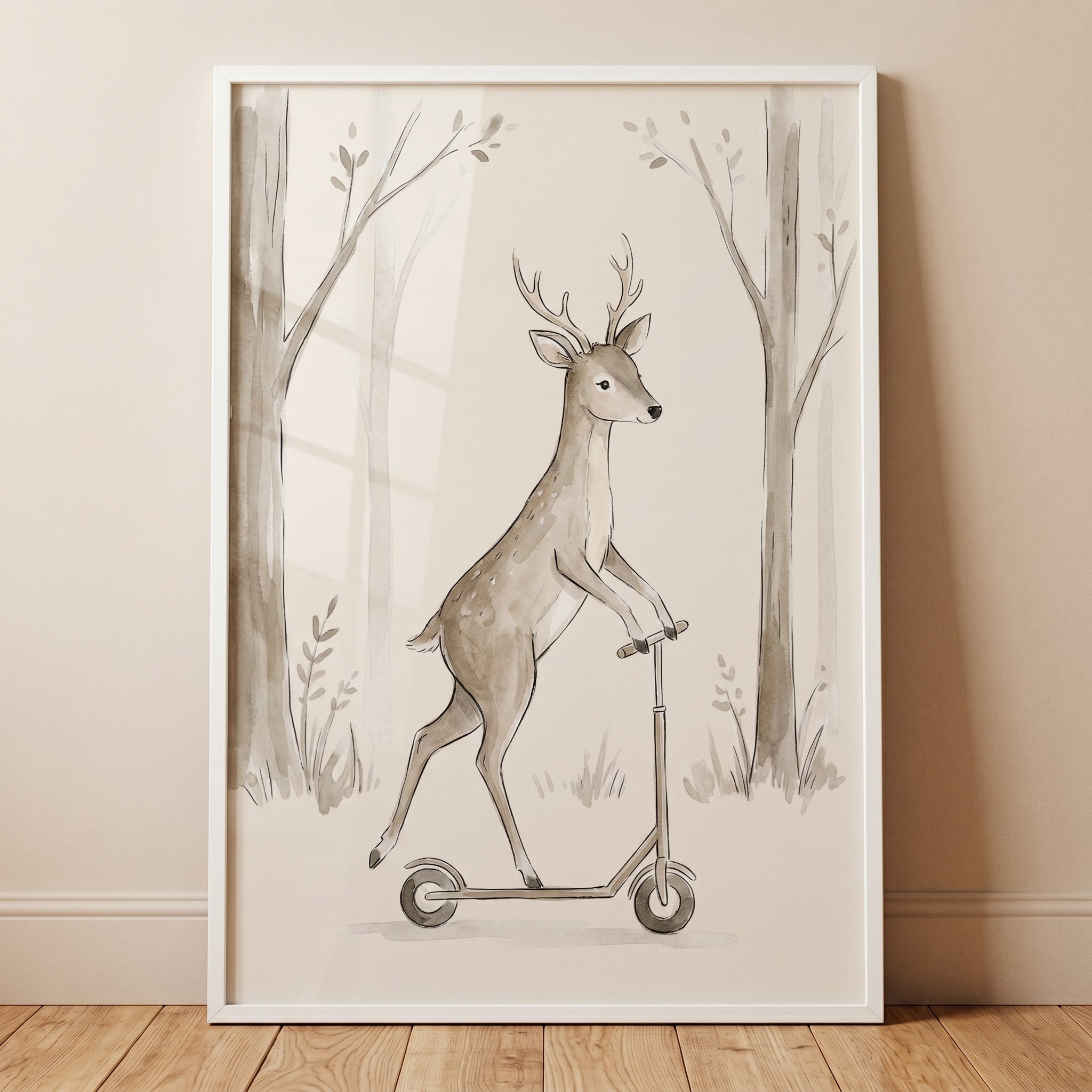 Kick Scooter Riding Deer Wall Art - Whimsical Forest Ride
