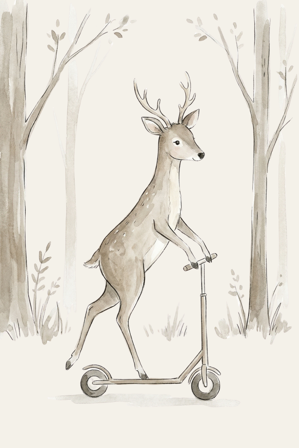Kick Scooter Riding Deer Wall Art - Whimsical Forest Ride