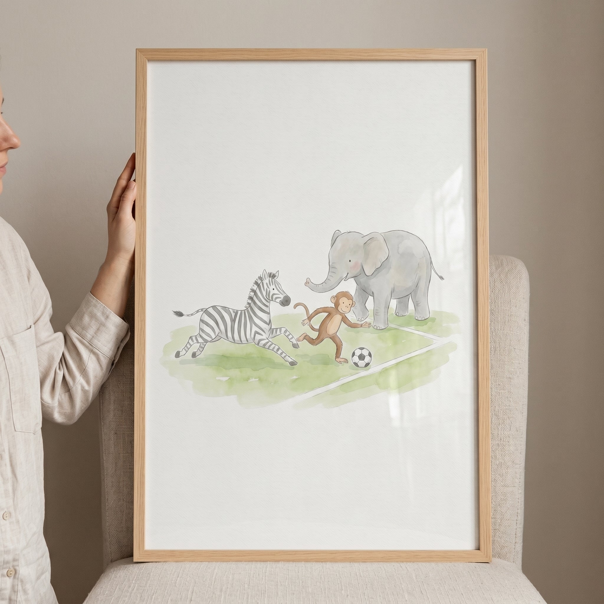 Kicking Ball Brown Animals Wall Art - Jungle Soccer Match