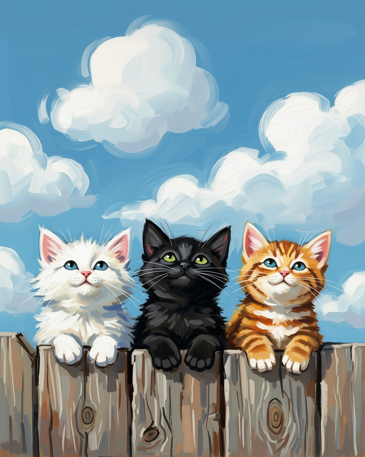 Three kittens, one white with blue eyes, one black with green eyes, and one orange tabby with blue eyes, peek over a wooden fence against a backdrop of fluffy white clouds and a bright blue sky.