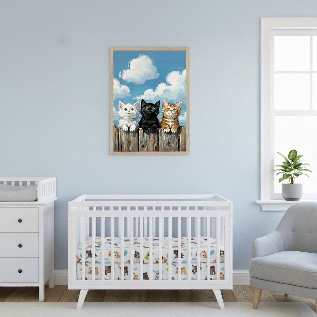 Modern nursery with white crib, dresser, and gray armchair. Above the crib, a framed artwork depicts three kittens (white, black, orange) on a wooden fence against a blue sky with white clouds.