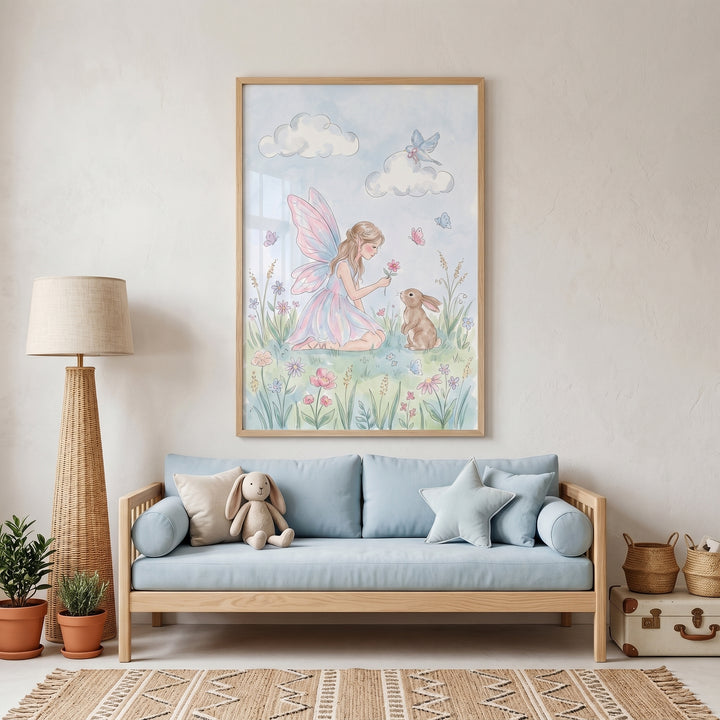 Kneeling meadow garden fairy wall art hangs above a light blue sofa in a cozy room with a floor lamp and potted plants.