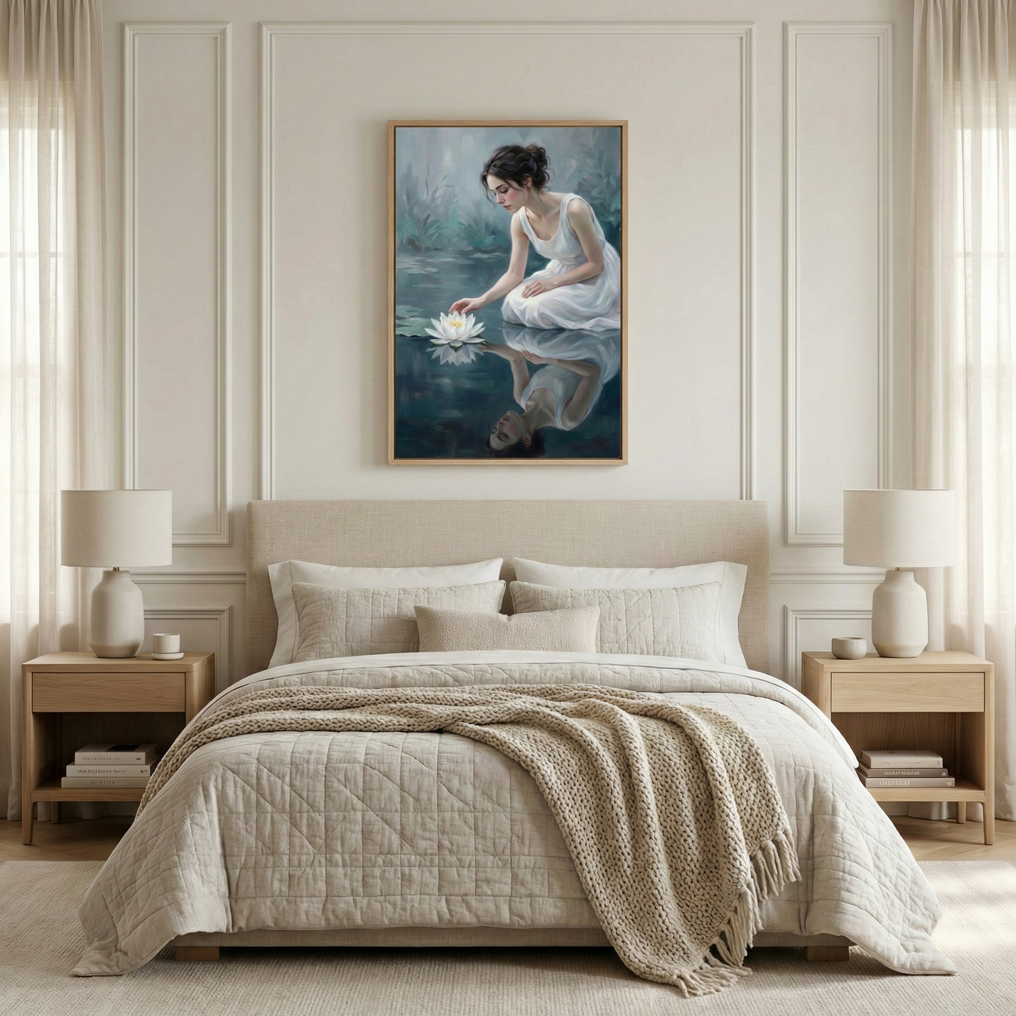 A serene and elegant bedroom is shown in a soft, neutral palette of creams, beiges, and off-whites. Centered on the wall above the bed is a large, vertically-oriented framed artwork. This piece depicts a woman with dark hair gathered up, wearing a flowing white sleeveless dress, as she kneels by the edge of a still, dark body of water. She reaches out a hand to touch a glowing white water lily, her reflection clearly visible in the water’s surface below her.

