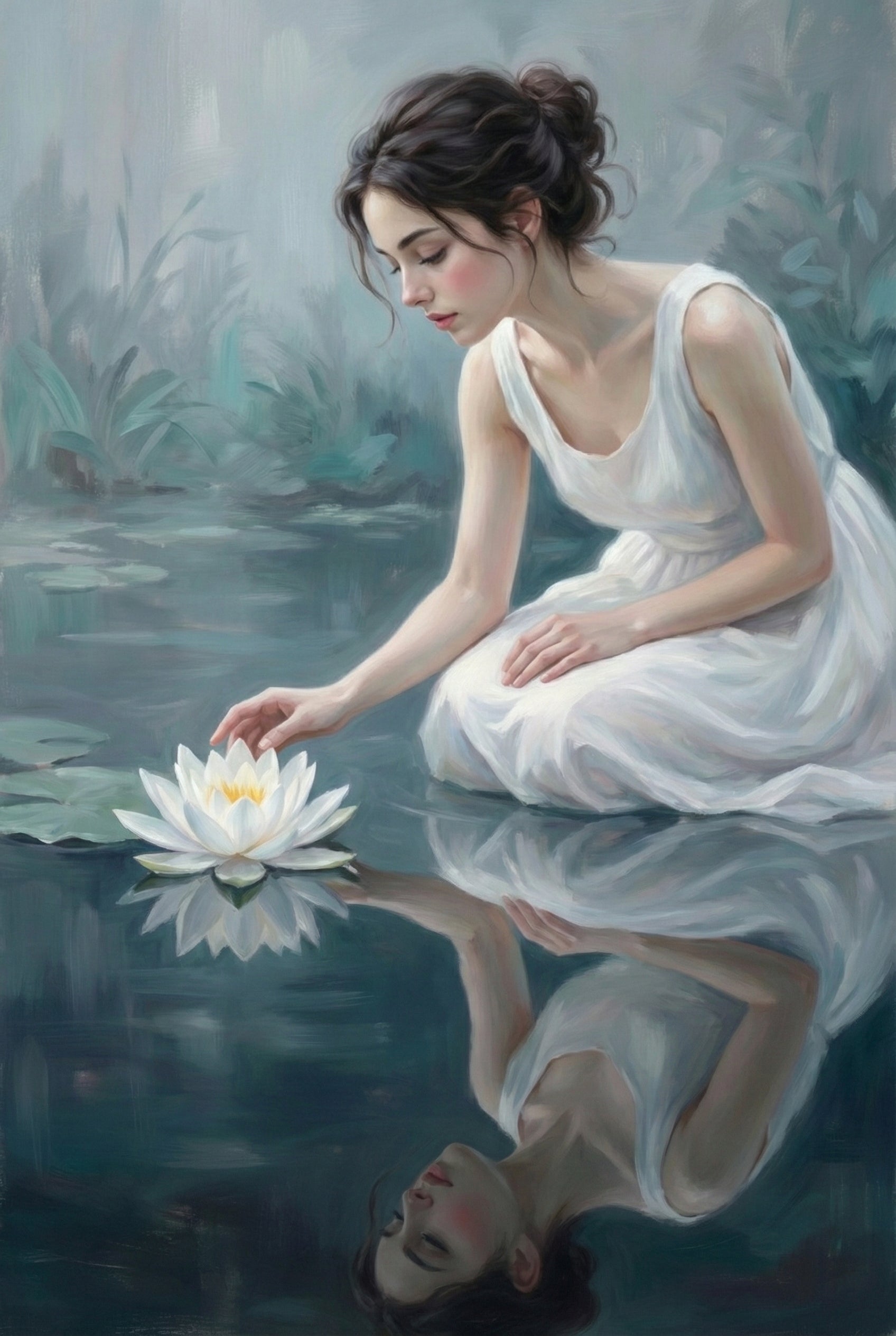 Woman In Pond Wall Art - Lotus Pond Reflection