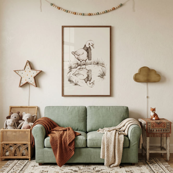Sage green couch under knit scarf reflection goose wall art, flanked by star and cloud wall lights and stuffed toys.