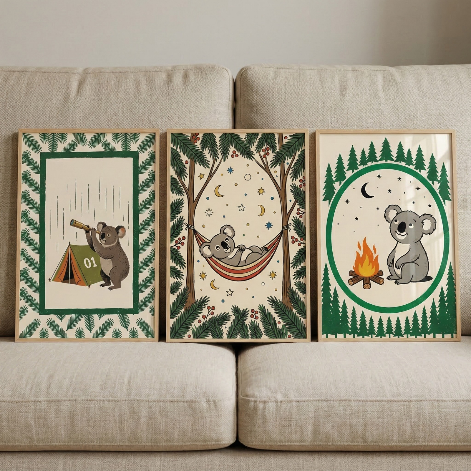 Three framed koala themed nursery prints lean against a beige couch. One shows a koala using a telescope beside a tent marked "01", one shows a koala resting in a hammock under moons and stars between pine branches, and one shows a koala sitting by a campfire inside a green forest border.