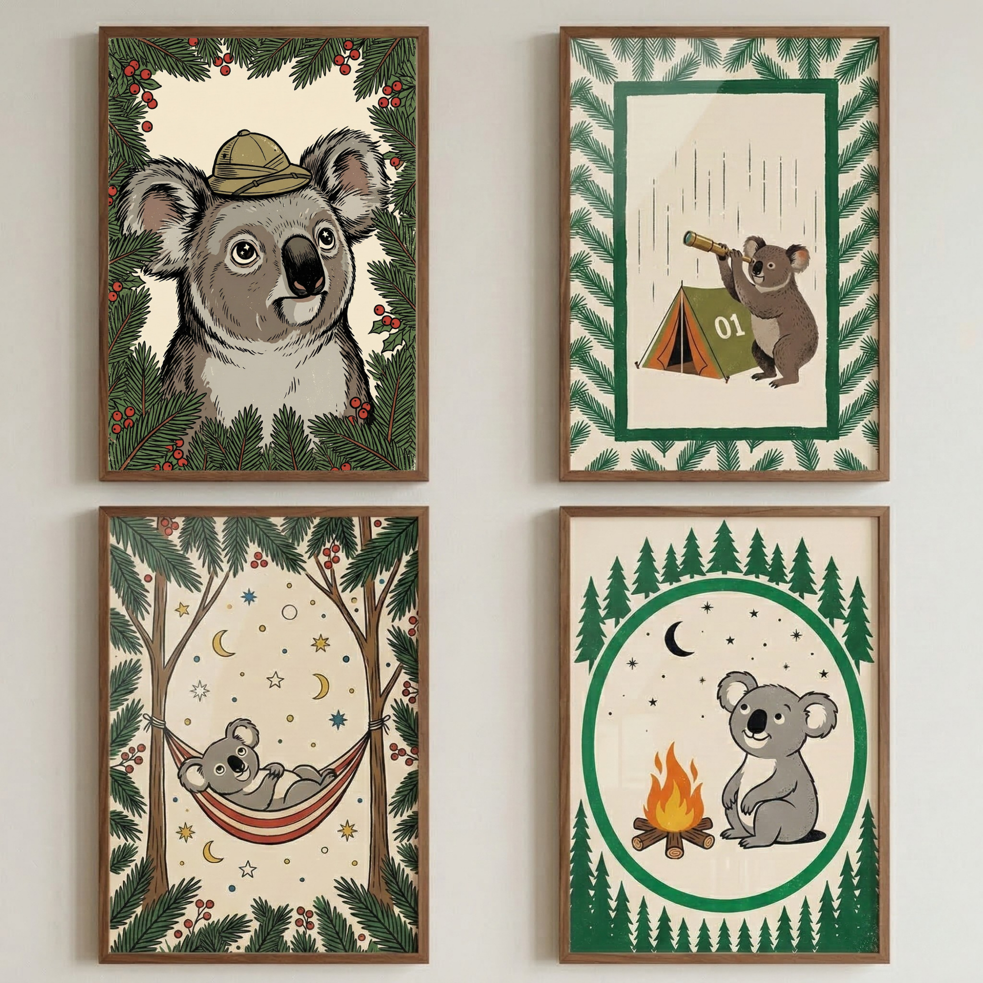 Koala Wall Art For Nursery Room Set of 4 - Koala Camping Adventures