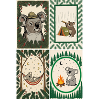 Four whimsical koala illustrations are arranged in a grid with evergreen branches and red berries framing each scene. The top left shows a koala wearing an explorer hat, the top right shows a koala looking through a telescope beside a tent marked “01”, the bottom left shows a koala relaxing in a hammock under stars and moons, and the bottom right shows a koala sitting beside a campfire under a crescent moon.
