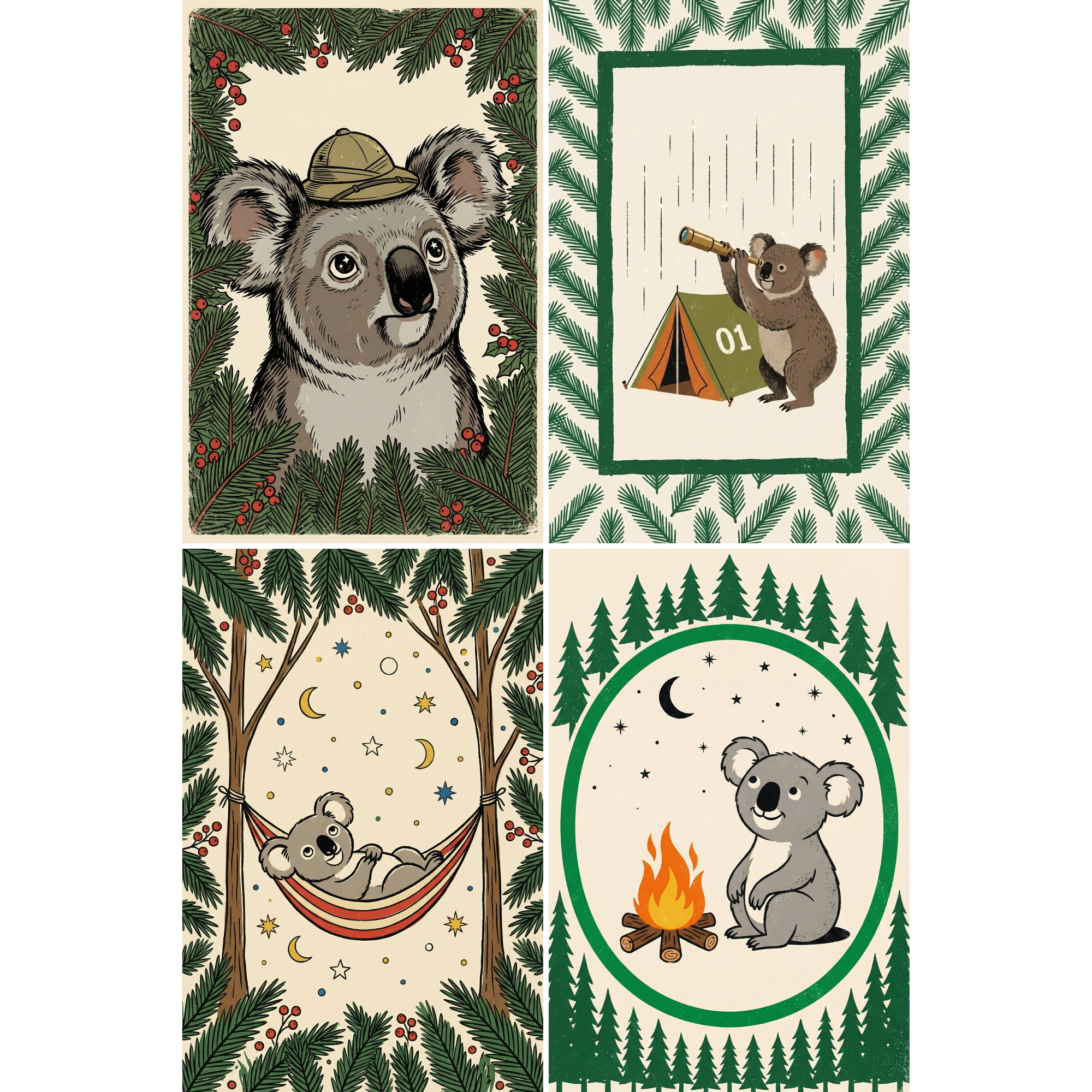 Four whimsical koala illustrations are arranged in a grid with evergreen branches and red berries framing each scene. The top left shows a koala wearing an explorer hat, the top right shows a koala looking through a telescope beside a tent marked “01”, the bottom left shows a koala relaxing in a hammock under stars and moons, and the bottom right shows a koala sitting beside a campfire under a crescent moon.

