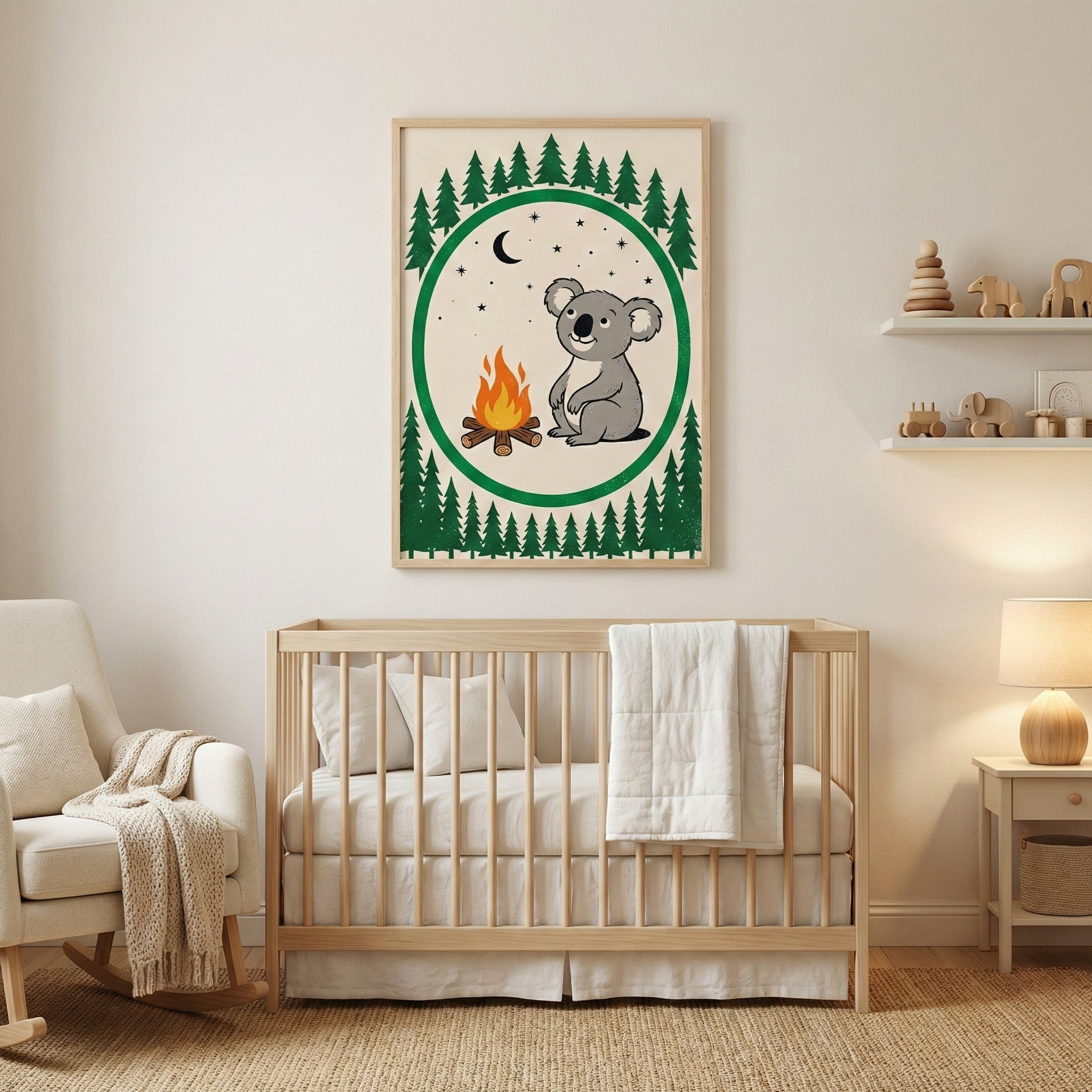 A minimalist nursery room features a light-colored wooden crib with white bedding centered against an off-white wall. Above the crib hangs a framed illustration depicting a cartoon koala sitting by a campfire under a starry night sky with a crescent moon, all enclosed within a green circular border and surrounded by stylized evergreen trees. To the left is a white rocking chair with a cream-colored pillow and a knitted throw blanket. To the right, a small wooden nightstand holds a lamp, and two floating she