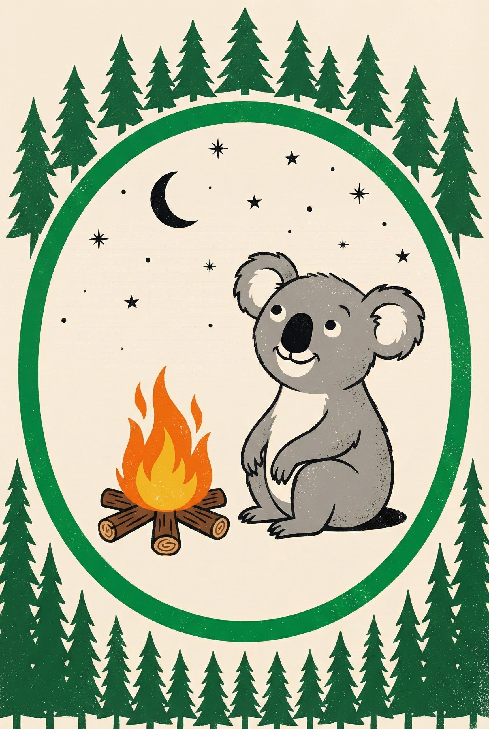 A graphic illustration featuring a friendly gray cartoon koala sitting beside a warm campfire with orange and yellow flames. The central scene is enclosed within a thick green circular border. Inside the circle, a black crescent moon and small stars dot a cream-colored sky. The entire composition is framed by rows of stylized dark green evergreen trees at the top and bottom against a light beige background.