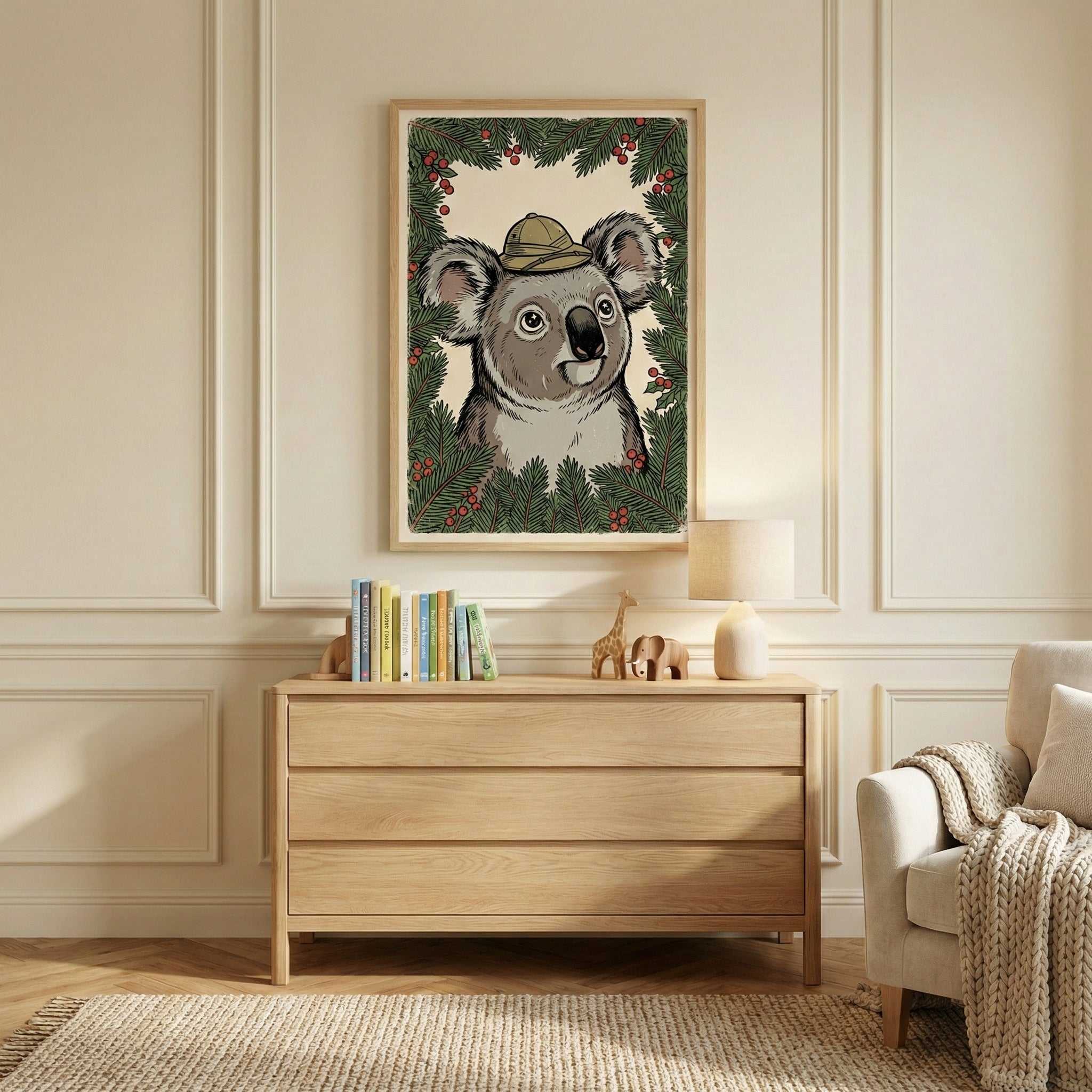 A framed illustration of a cartoon koala in a green hat surrounded by evergreen branches with red berries hangs on a cream-colored wall with decorative molding. Below the artwork is a light-wood three-drawer dresser holding books, small wooden giraffe and elephant figurines, and a modern lamp. To the right is a neutral-toned armchair with a textured throw blanket, and a woven rug covers part of the light-wood floor.