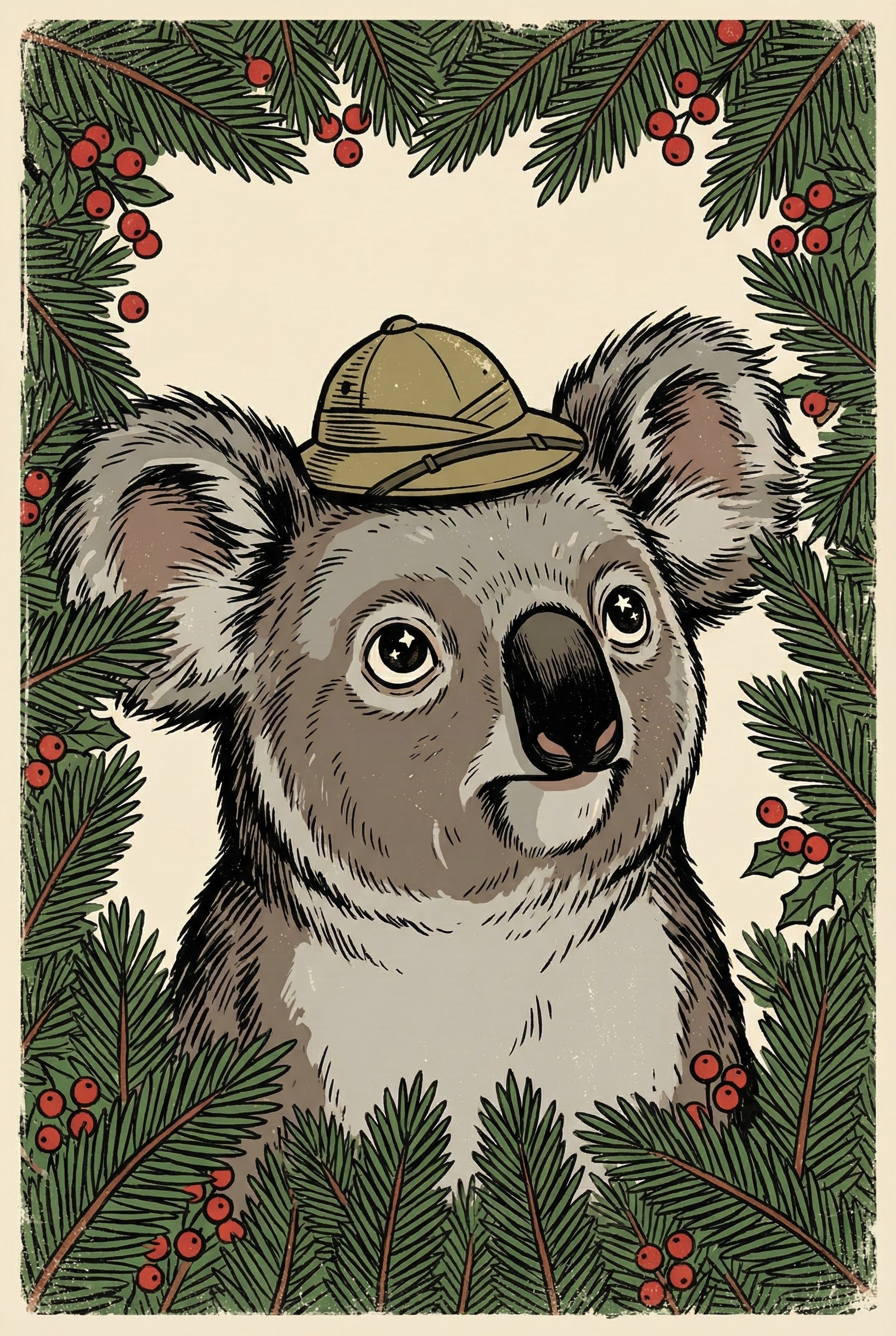 Close-up illustration of a koala wearing a safari hat, surrounded by pine branches and red berries, looking upward with a calm expression.