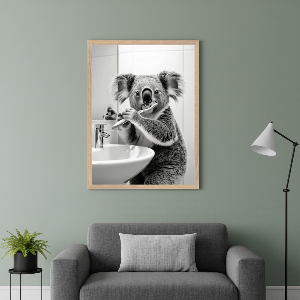 Living room with a gray sofa against a sage green wall. A large framed black and white photo of a koala brushing its teeth at a sink hangs above the sofa. A floor lamp is on the right.