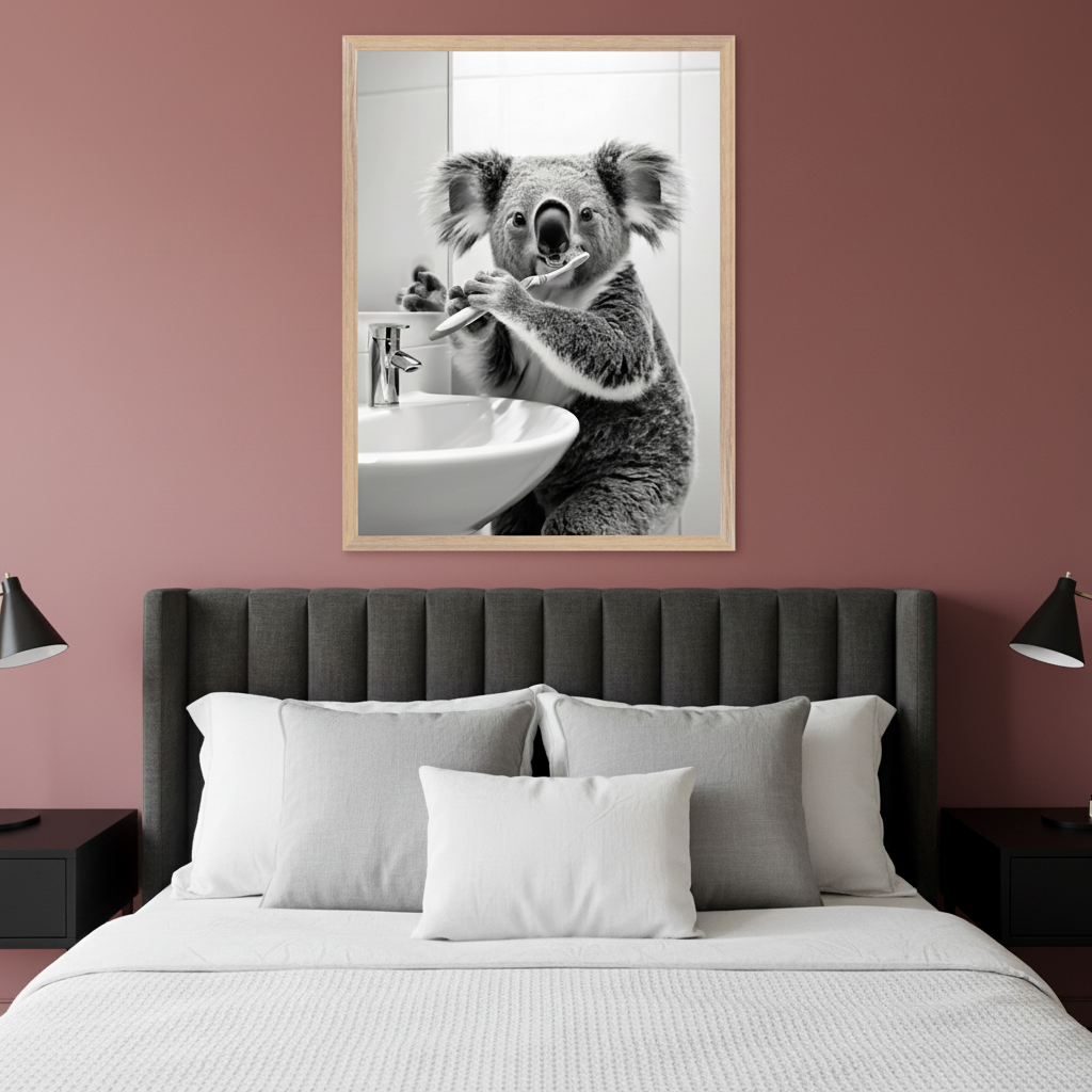 Modern bedroom with a gray upholstered bed and black nightstands. A light wood-framed black and white photo of a koala brushing its teeth at a sink hangs centered above the bed.