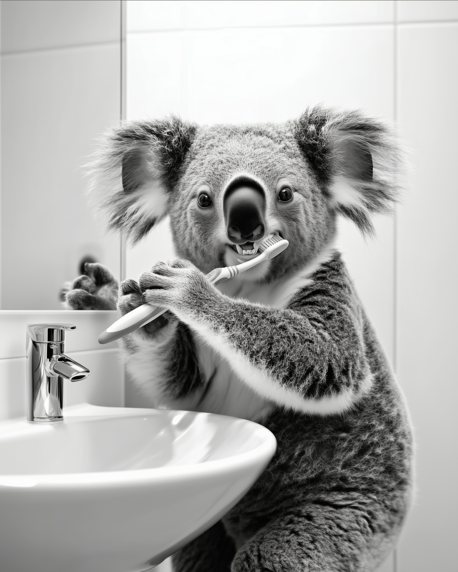 A photorealistic image of a koala holding a toothbrush and brushing its teeth at a white bathroom sink. The clean, modern bathroom contrasts with the playful and unexpected behavior of the koala.
