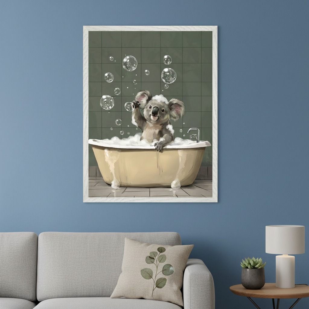 Modern living room with a gray sofa and an end table. A large framed illustration of a cartoon koala taking a bubble bath hangs on the blue wall above the sofa.