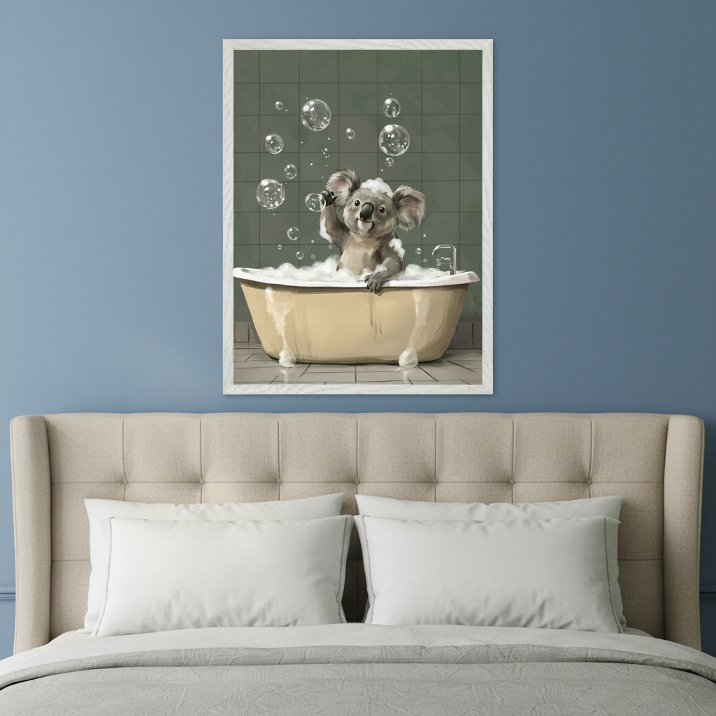 Bedroom with a beige upholstered bed. A framed painting of a koala in a bubble bath, blowing bubbles, hangs centered on the blue wall above the bed. The art has a green tiled background and a white frame.