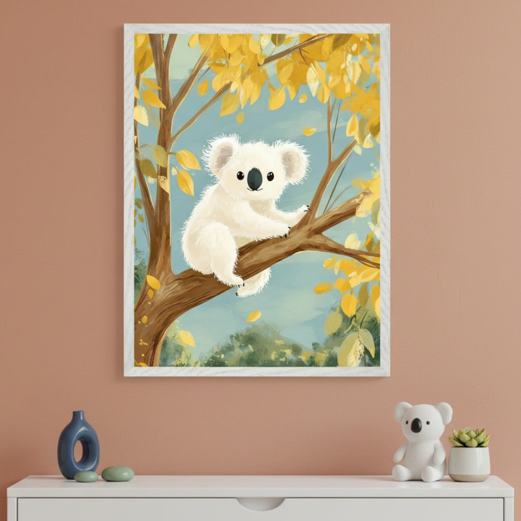 Modern child's room with a white dresser against a peach wall. A framed illustration of a white koala on a tree with yellow leaves hangs above the dresser. A blue vase, koala figurine, and succulent are on the dresser.