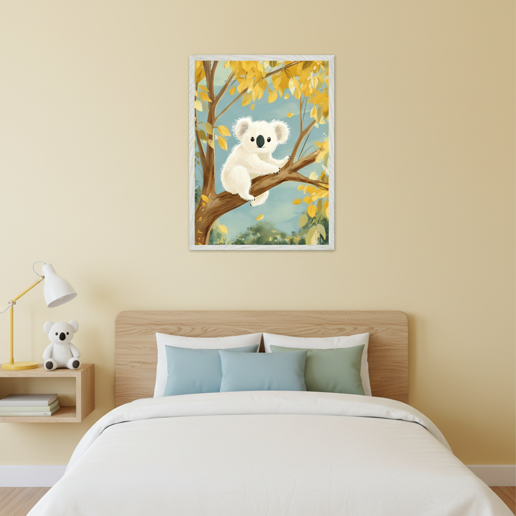 Modern bedroom with a wooden bed, white bedding, and blue/green pillows. A floating nightstand holds a yellow lamp and koala teddy bear. A framed illustration of a white koala on a branch with yellow leaves hangs centered above the bed.
