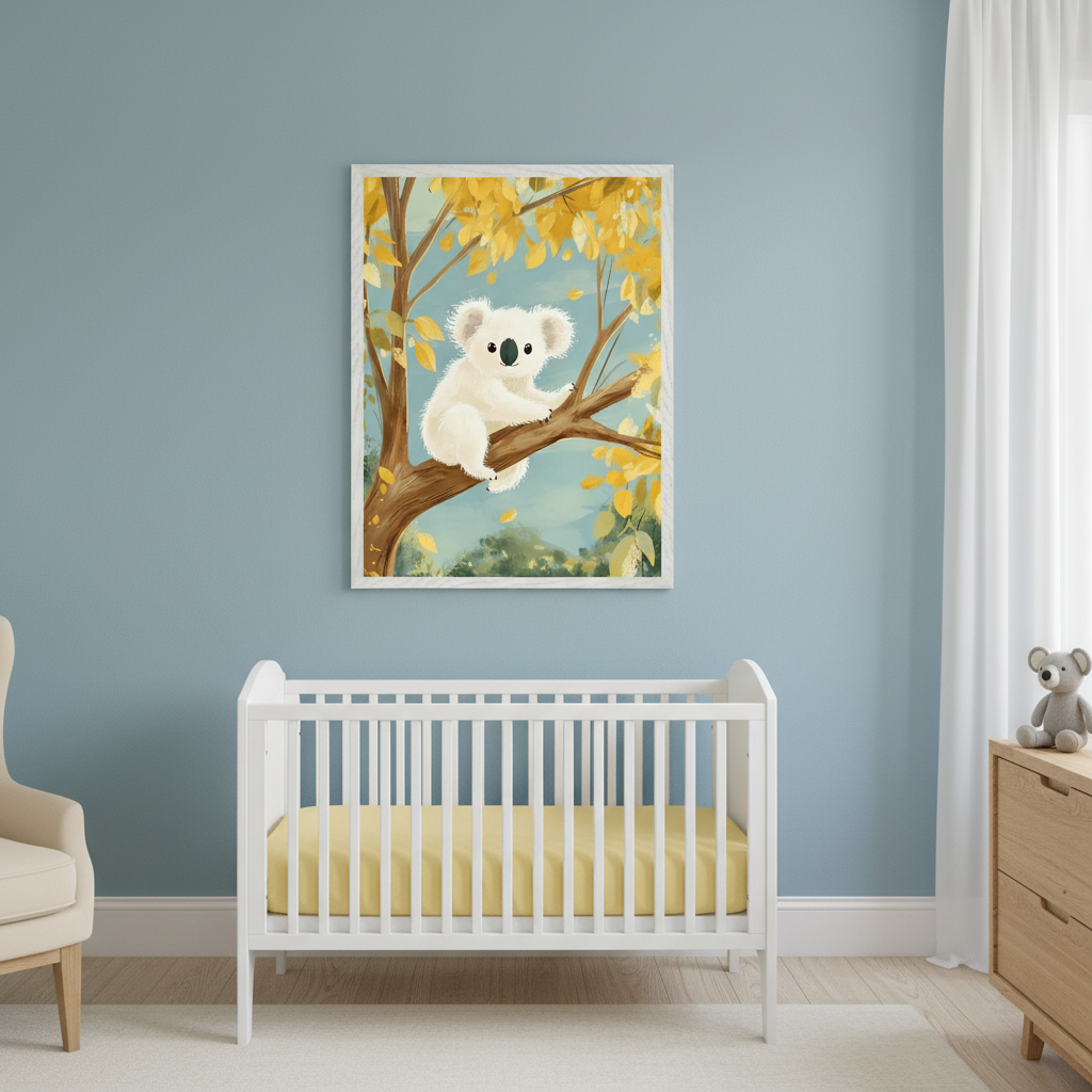 Modern nursery with a white crib and yellow sheet centered, a cream armchair to the left, and a wooden dresser with a gray koala toy to the right. Centered above the crib, a framed print features a white koala on a branch with yellow leaves, in a painted style.