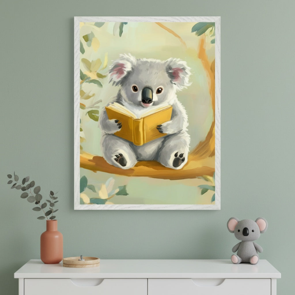 Modern nursery with a white dresser against a sage green wall. A framed illustration of a gray koala reading a yellow book on a tree branch hangs centered above the dresser. A terracotta vase with branches, a wooden tray, and a koala plush toy are on the dresser.