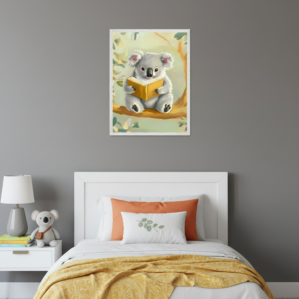Kid's bedroom with a white bed and nightstand against a gray wall. A white-framed print of a cartoon koala reading a book on a branch hangs above the bed. The bed features white linens, orange and white pillows, and a yellow throw.