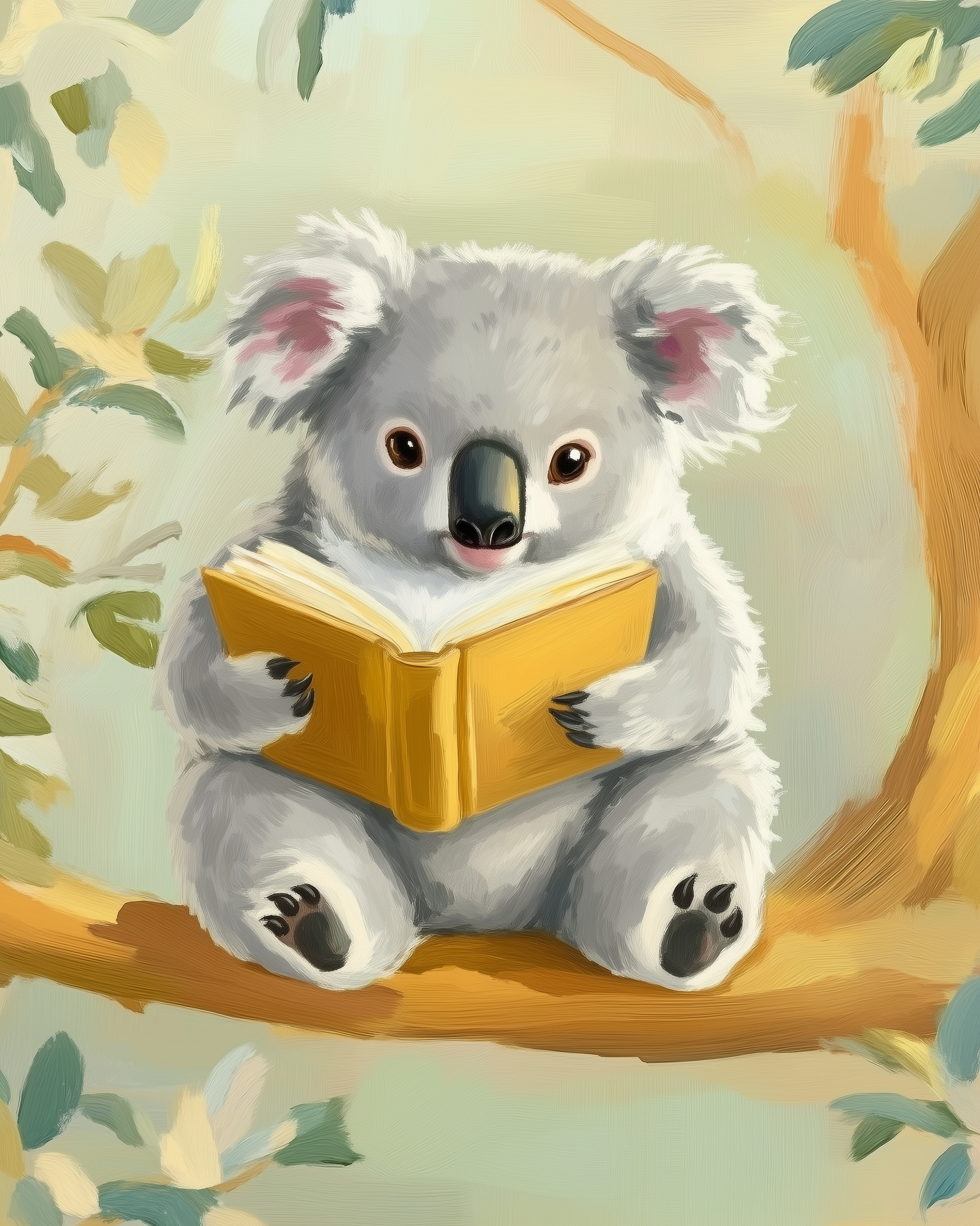 A cute koala sits on a tree branch, holding and reading a yellow book, surrounded by softly painted leaves in a serene setting.