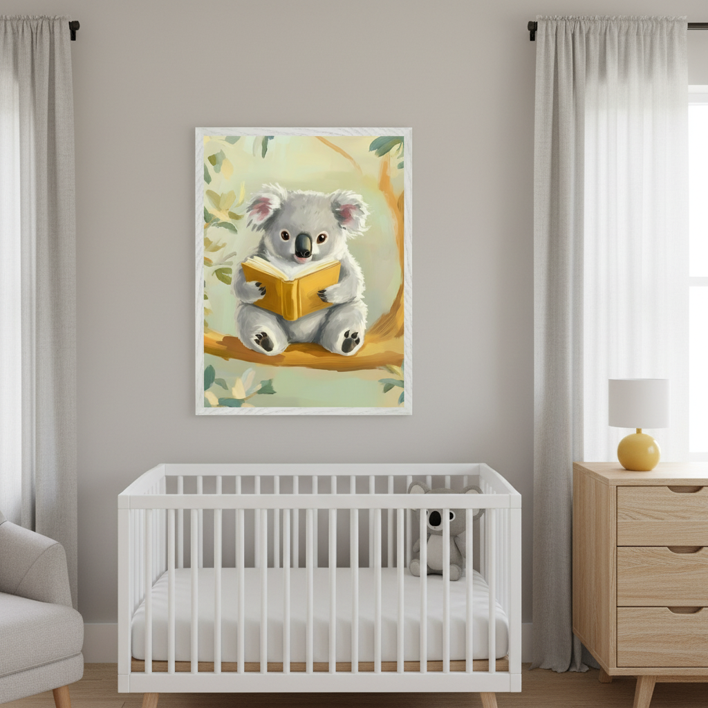 Modern nursery with a white crib and light wood dresser. A framed illustrative art print of a koala reading a yellow book on a tree branch hangs centered above the crib. A gray armchair is partially visible.