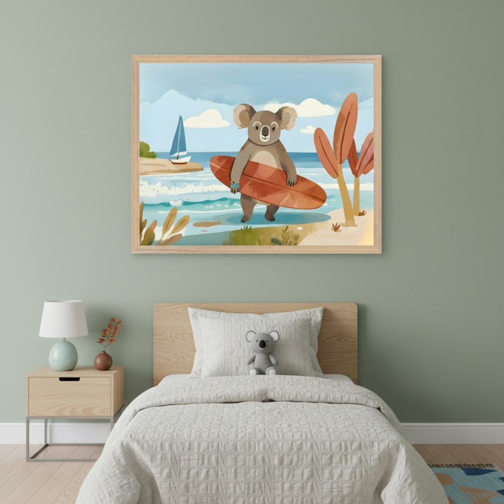 Kid's bedroom with a single bed, wooden headboard, and light wood nightstand. Centered above the bed, a framed watercolor-style illustration depicts a koala on a beach holding a surfboard, with a sailboat in the background.