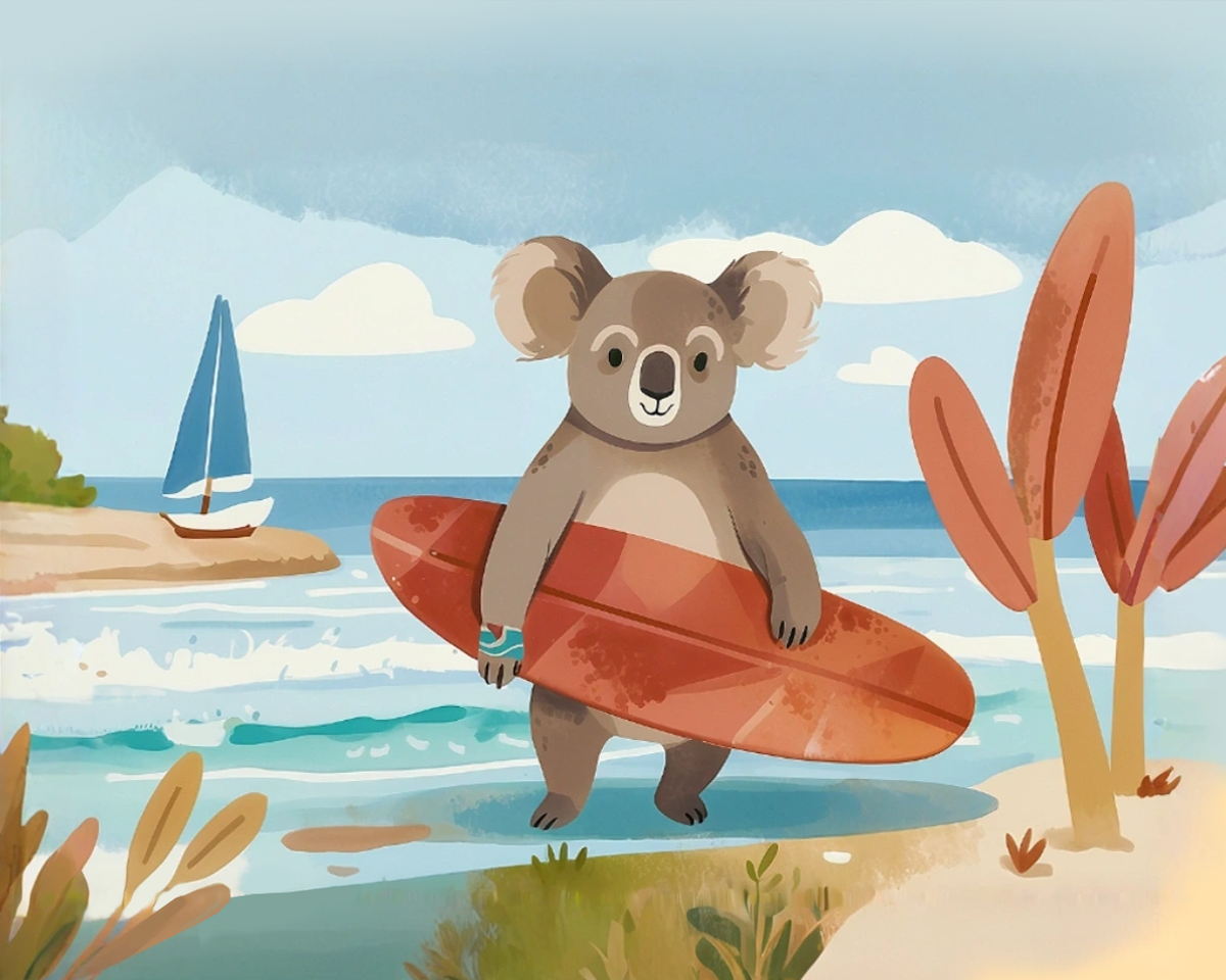 A cute koala stands on a beach holding a red surfboard, with gentle waves and a sailboat in the background. The scene is framed by colorful plants, creating a cheerful coastal vibe.