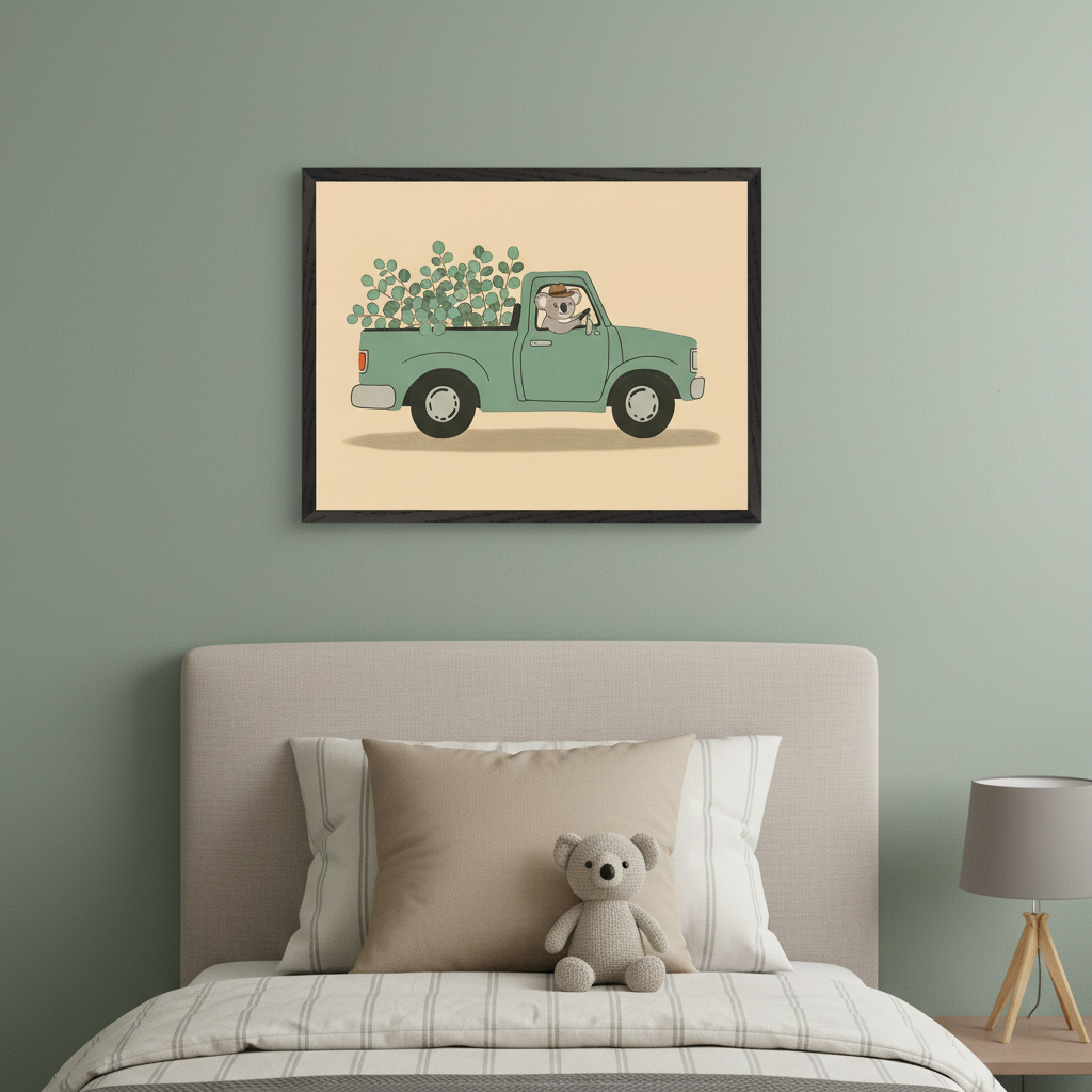 Kid's bedroom with a beige fabric bed and headboard against a sage green wall. A large framed illustration of a koala in a hat driving a green pickup truck filled with eucalyptus leaves hangs centered above the bed. A knitted teddy bear sits on the bed, and a gray lamp is on a nightstand to the right.