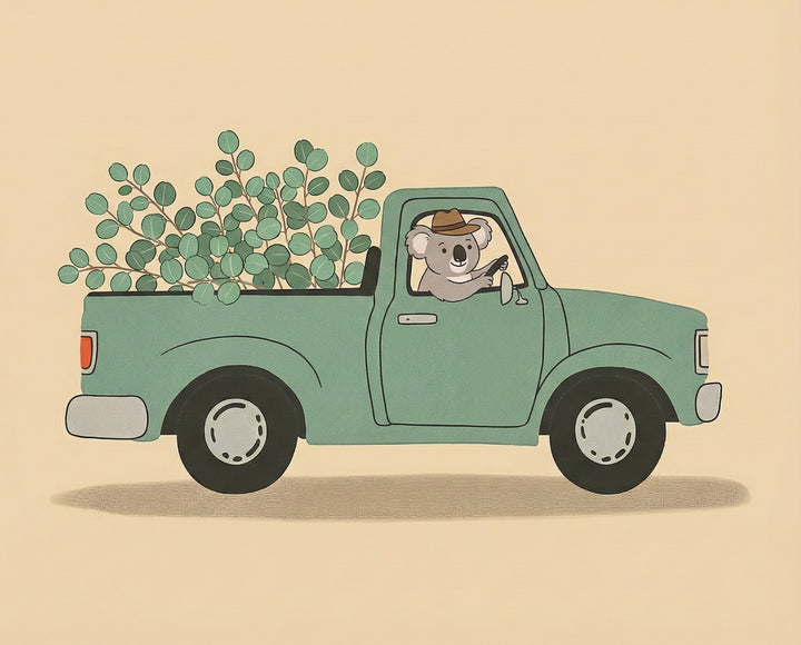 A cartoon koala wearing a brown hat drives a green pickup truck filled with leafy eucalyptus branches in the back, creating a playful and nature-themed illustration that appeals to both kids and adults.
