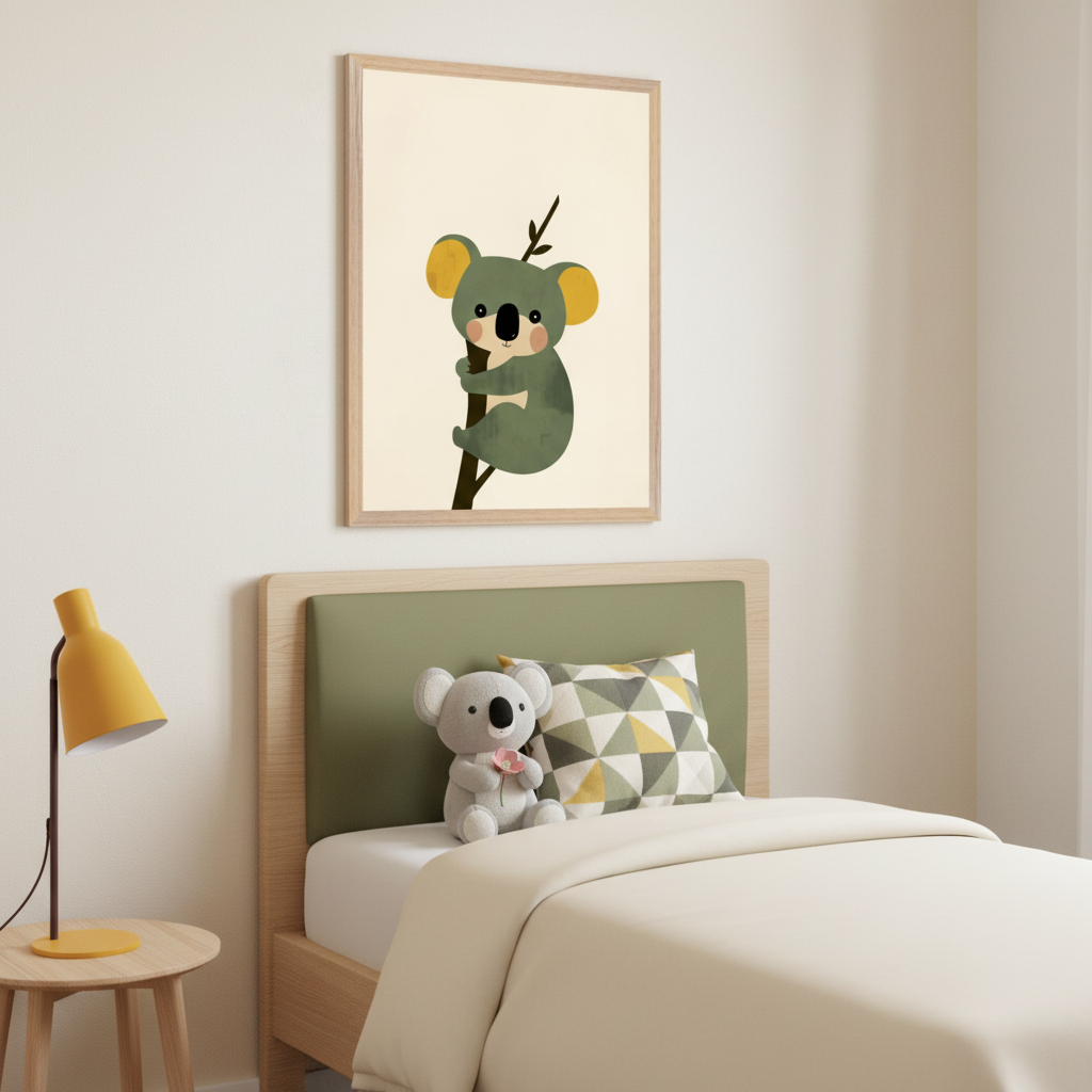 Modern kid's bedroom with a light wood bed, green headboard, and a round nightstand. Above the bed hangs a framed illustration of a green koala on a branch.