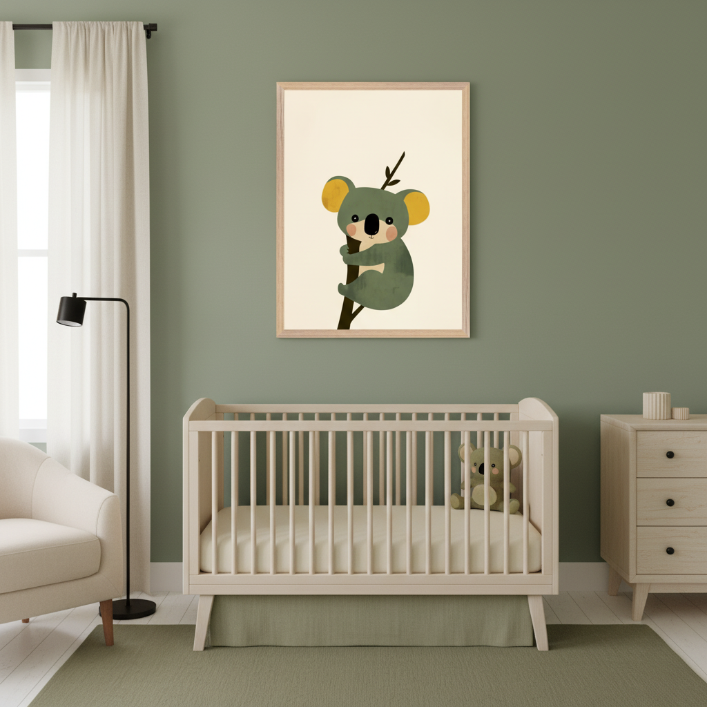Modern nursery with a white crib, light wood dresser, and cream armchair. A framed green cartoon koala hugging a tree branch hangs centered above the crib on a green wall.