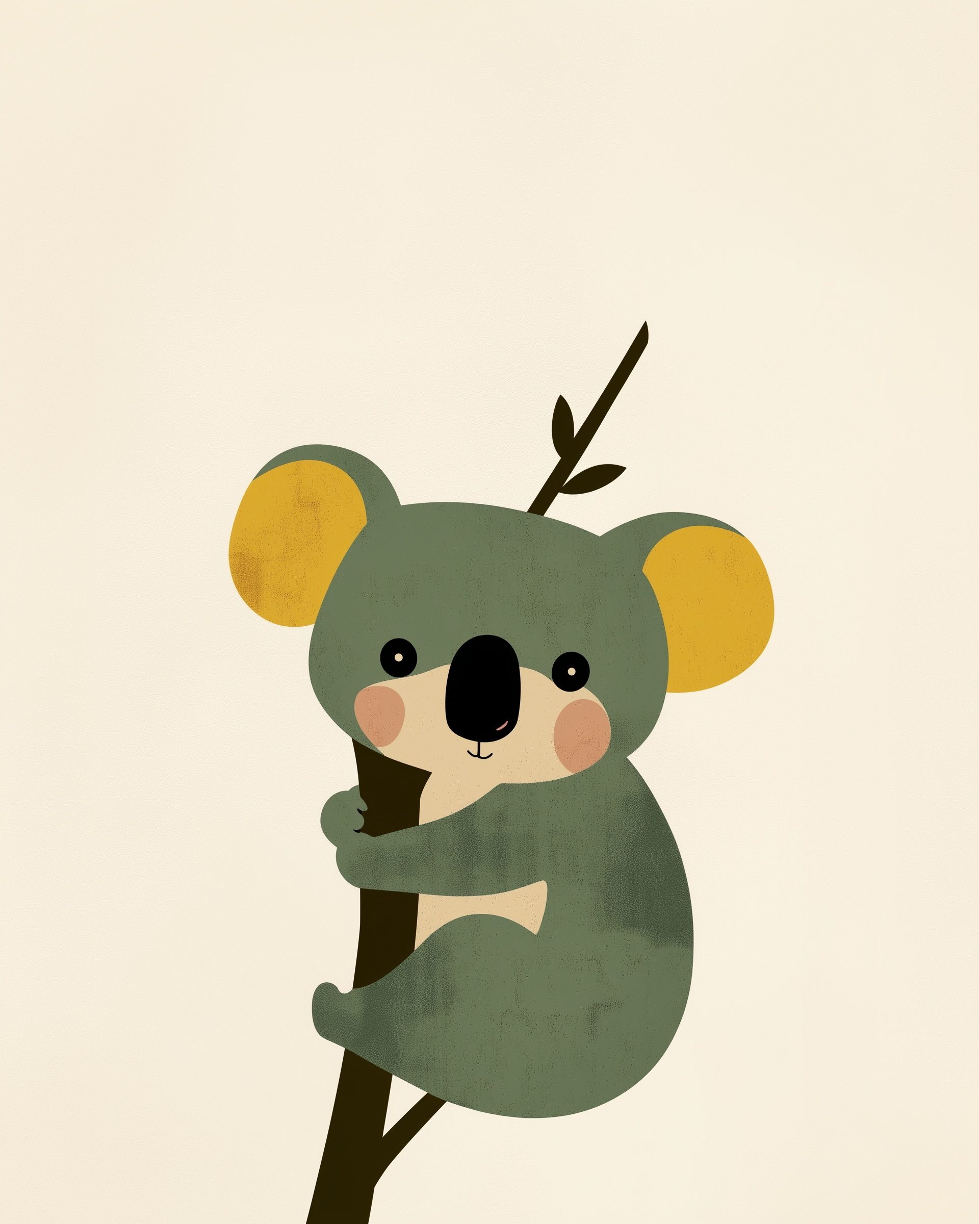 A cute cartoon koala with large yellow ears and rosy cheeks is clinging to a slender branch against a light beige background.